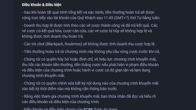 Đọc kỹ điều khoản và điều kiện nếu muốn tham gia khuyến mãi hoàn trả live casino.
