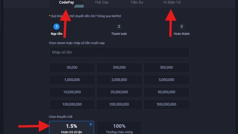 Chọn nạp tiền bằng Codepay hoặc ví điện tử để tham gia khuyến mãi